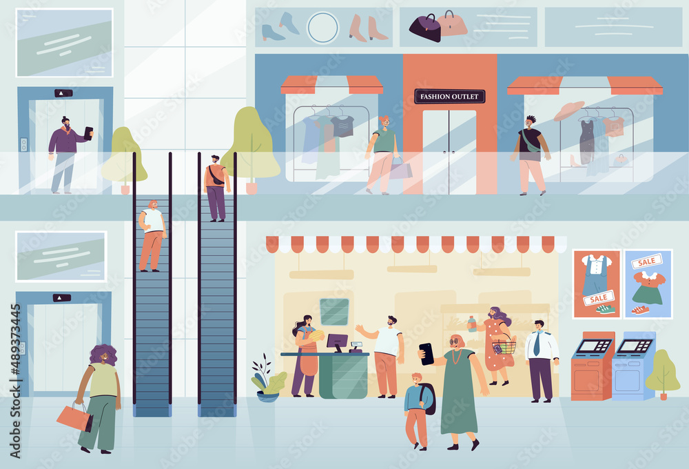 Interior of mall building with people and retail shops. Shopping center with fashion stores and supermarket, department store commercial flat vector illustration. Shopping, urban lifestyle concept Interior of mall building with people and retail shops. Shopping center with fashion stores and supermarket, department store commercial flat vector illustration. Shopping, urban lifestyle concept