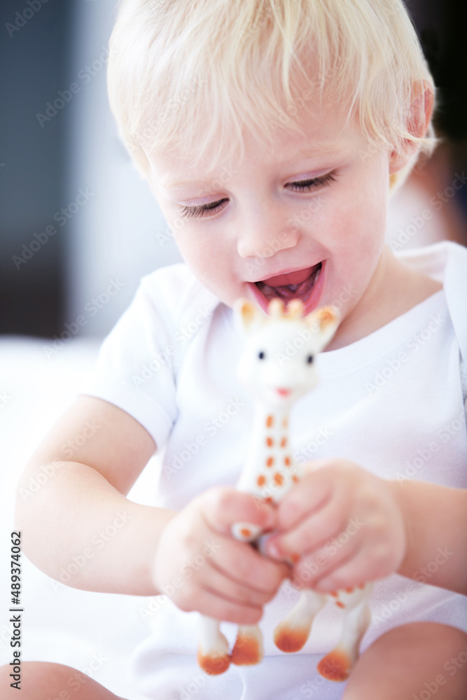 Learning about animals. Shot of a young baby playing with a toy giraffe. Learning about animals. Shot of a young baby playing with a toy giraffe.