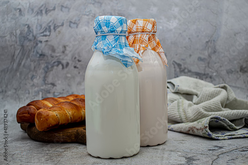 Kefir, fermented baked milk or yogurt with probiotics. photo