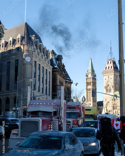 Protestors, mainly truckers, block downtown Ottawa streets to protest the vaccine mandate imposed by the government as part of the 