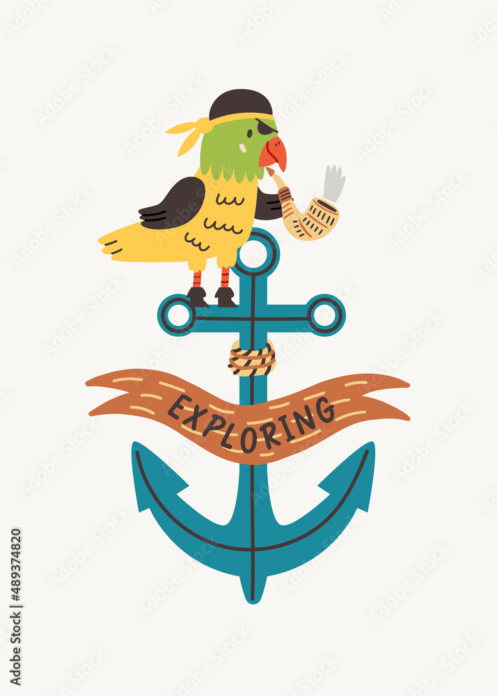 Doodle Illustration Explorer lettering. Parrot with smoking pipe sits at anchor. Hand drawn nursery baby scandinavian style, kids t shirt postcard design  