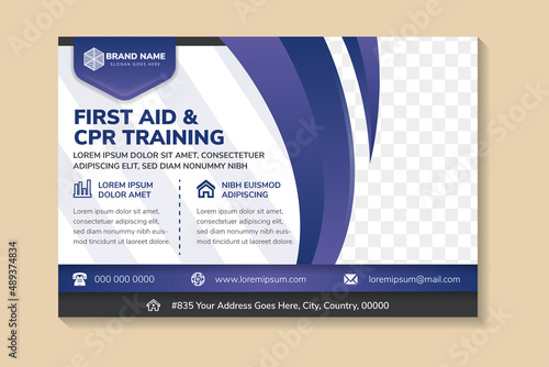 first aid and cpr training abstract geometric flyer template design use horizontal layout combined with purple gradient and black elements. white background with space for photo collage and text