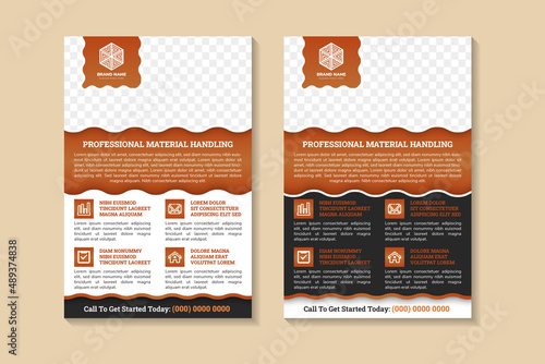 professional material handling abstract geometric flyer template design use vertical layout combined with brown gradient and white elements. black background with space for photo collage and text