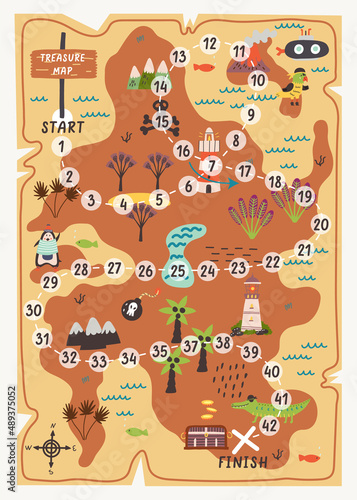 Vertical Pirate Treasure Map. Creator map for children. Doodle illustration Hand drawn nursery baby scandinavian style, kids t shirt postcard