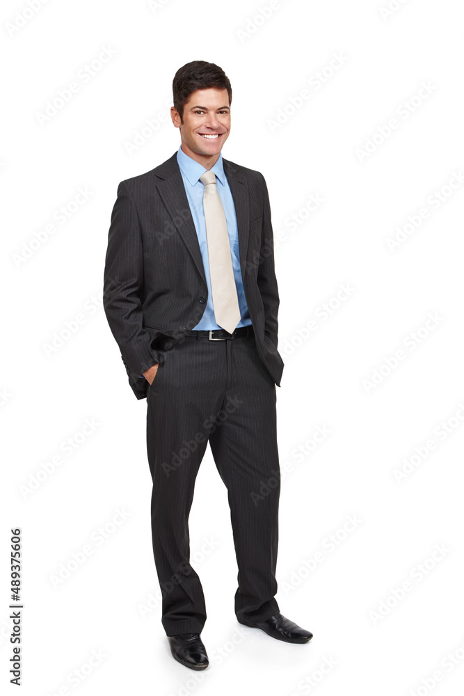 Hes a dapper gentleman. Full-length studio portrait of a businessman in a suit standing against a white background. Hes a dapper gentleman. Full-length studio portrait of a businessman in a suit standing against a white background.