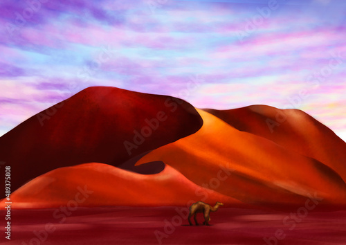 a lone camel walks through the sandy desert near the hills