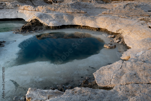 Colorful salt pools formed by erosion and evaporation on the shoreline of Israel s Dead Sea  the lowest point on earth.