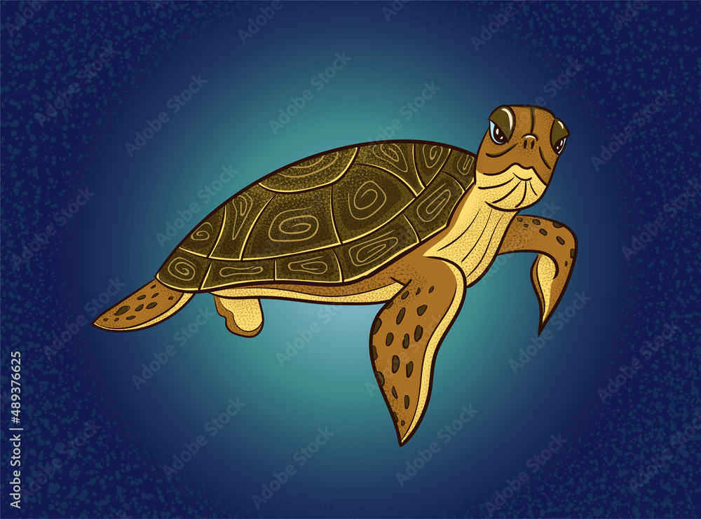 Fototapeta premium Sea ​​turtle on deep blue background. Vector art illustration for postcard, booklet, flyer, etc.