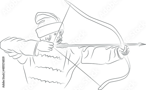 Stylized vector drawing drawn with strokes of lines of different thicknesses. Zodiac signs. Sagittarius. A warrior draws a bowstring for a shot.