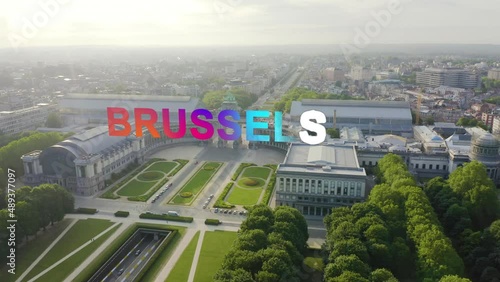 Inscription on video. Brussels, Belgium. Park of the Fiftieth Anniversary. Park Senkantoner. The Arc de Triomphe of Brussels (Brussels Gate). Lightning strikes the letters, Aerial View photo