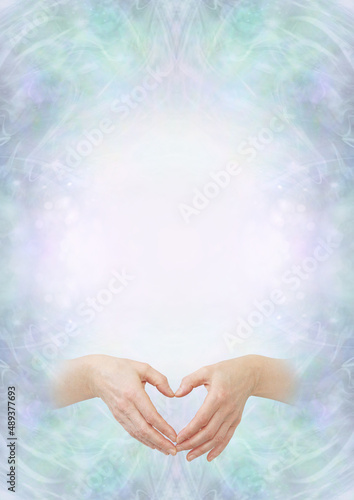 Faith Healers Blue Border Template Background - female hands making a heart shape at bottom and Copy Space above ideal for an advert, Certicate, Diploma, Award or Reiki attunement accreditation 