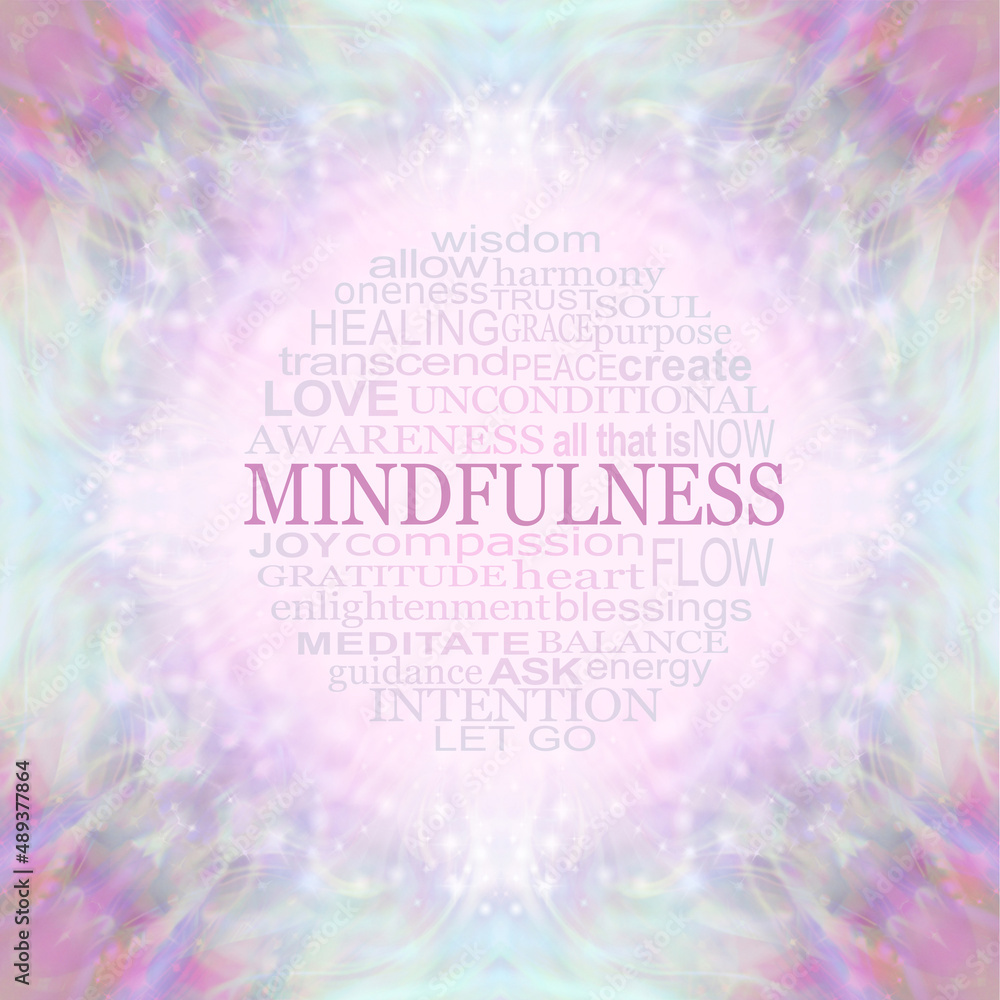 Mindfulness Wall Art Word Circle - beautiful circular arrangement of healing words relevant to MINDFULNESS against a border of delicate feminine pale pink and green symmetrical pattern
Mindfulness Wall Art Word Circle - beautiful circular arrangement of healing words relevant to MINDFULNESS against a border of delicate feminine pale pink and green symmetrical pattern