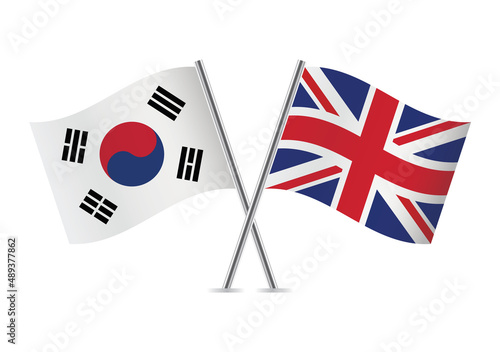 South Korea and Britain crossed flags. South Korean and British flags isolated on white background. Vector icon set. Vector illustration.
