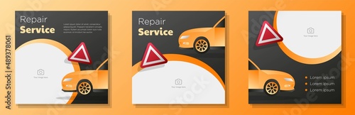 Car repair service social media post, banner set, vehicle mechanic advertisement concept, roadside assistance marketing square ad, abstract print, isolated on background