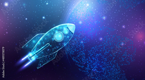 Wireframe polygonal rocket with globe map. Internet technology network, business startup concept with glowing low poly rocket. Futuristic abstract vector illustration