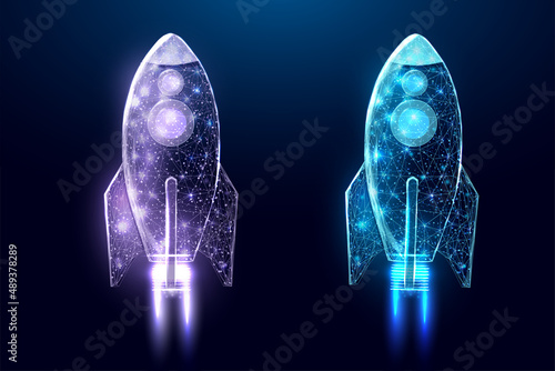 Wireframe polygonal rockets. Internet technology network, business startup concept with glowing low poly rockets. Futuristic modern abstract. Isolated on dark blue background. Vector illustration