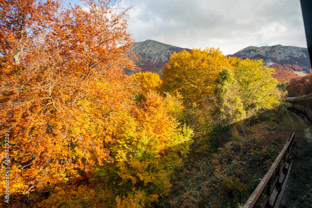 Fototapeta premium Viaggio in treno in Abruzzo, la transiberiana d'italia, Viaggio tra monti e boschi in autunno, un paesaggio bellissimo 