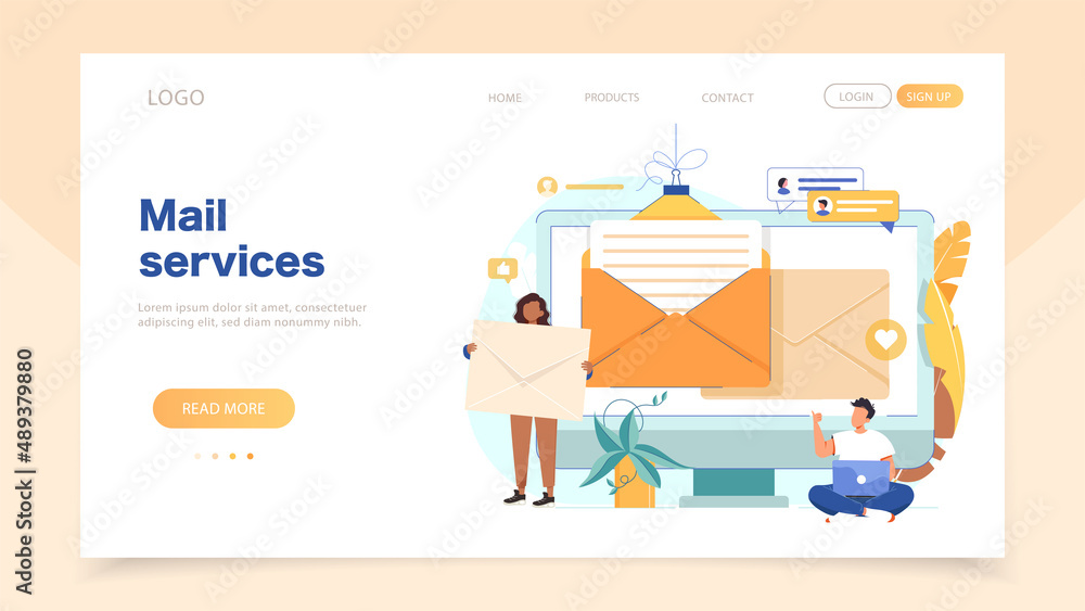 Email service landing page with letter envelope on computer desktop concept. Electronic messages as part of business marketing.  Webmail or mobile service. Banner template vector illustration.