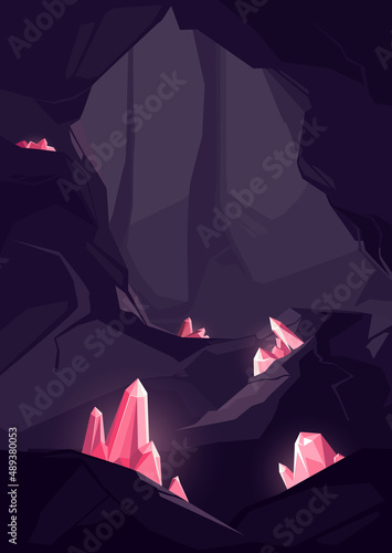 Cave with red crystals. Underground location in portrait format.
