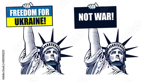 Statue Liberty holding text banner Freedom for Ukraine