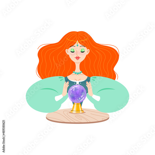 Fortune teller female character. Cartoon illustration of a beautiful red haired girl telling the future by seeing a magic ball isolated on a white background. Vector 10 EPS.