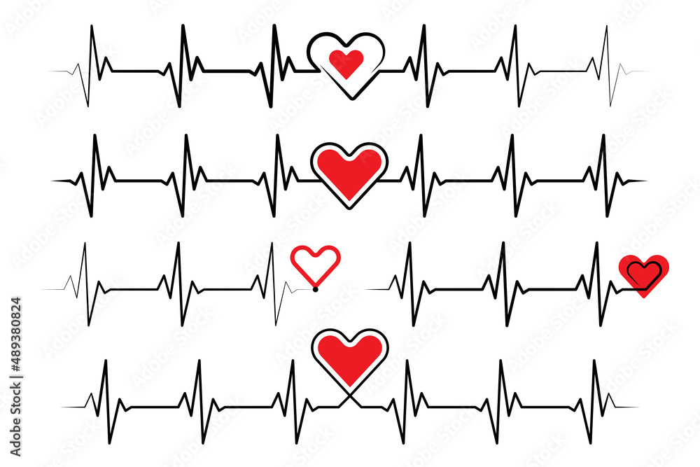 Heart cardiogram set, black EKG, ECG heartbeat line with red hearts to use in healthcare, healthy lifestyle, medical care, cardiology project. Creative healthy lifestyle design set with hearts.