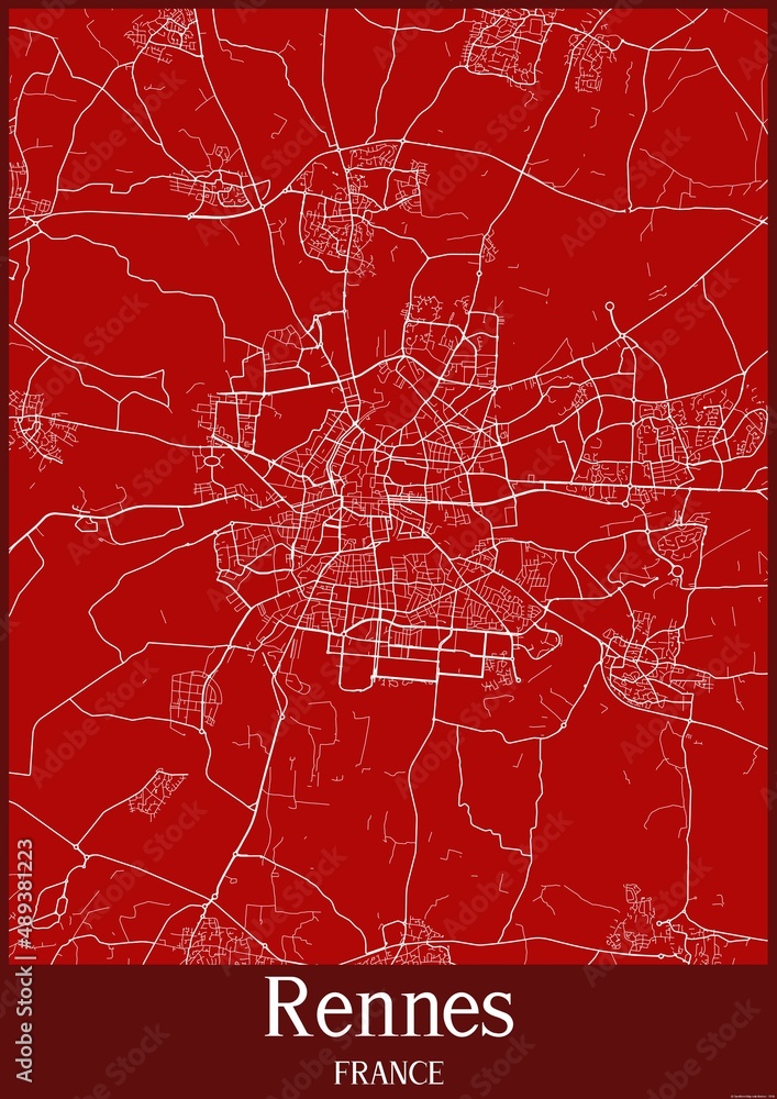 Red map of Rennes France.