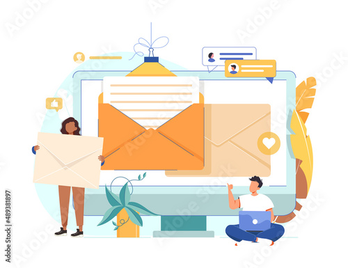 Email service with letter envelope on computer desktop concept. Electronic messages as part of business marketing.  Webmail or mobile service. Vector illustration. Mobile e-mail notification concept.