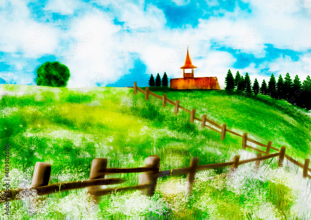 Naklejka premium there is a wooden fence on the flower field