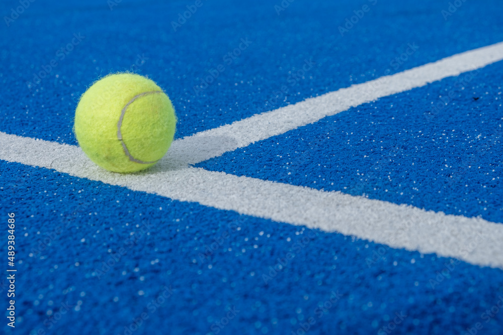 Close-up of a tennis ball on the white line of a paddle tennis court