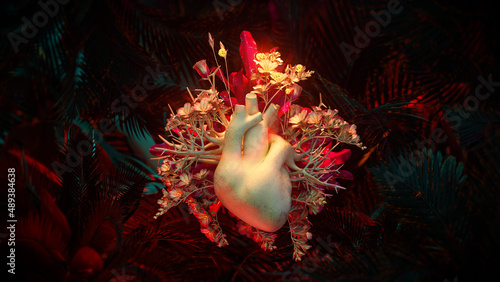 Human heart full of love in a Jungle, 3D realistic render photo