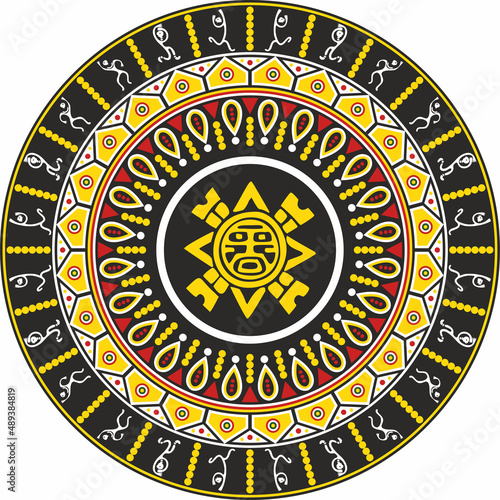Vector colored round native american ornament. Circle with dancing men. Pattern of the peoples of Central and South America, Aztecs, Maya, Incas.
