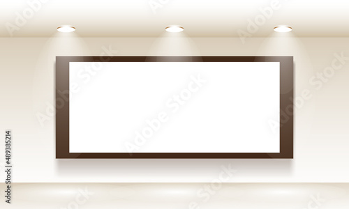 empty gallery interior with brown frame in white board by vector design