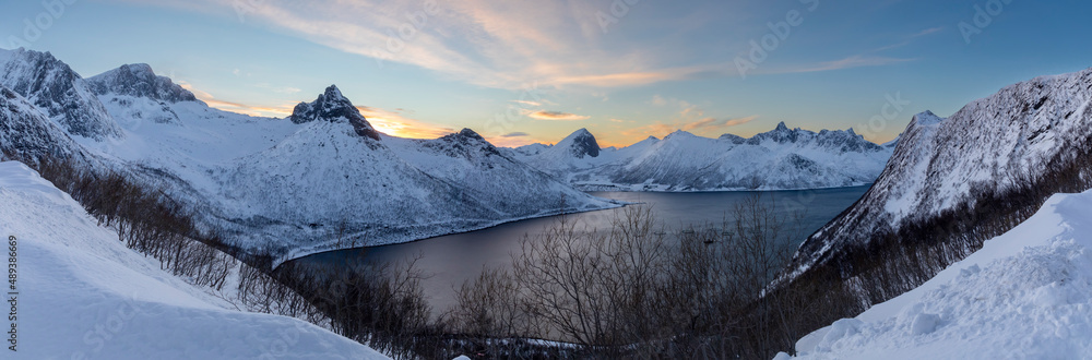 panoramic view Fjordgard on island Senja in winter, troms county, norway