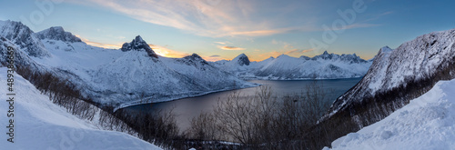 panoramic view Fjordgard on island Senja in winter, troms county, norway photo