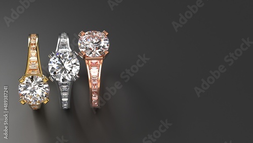 three engagement ring in rose gold and silver platinum metal color