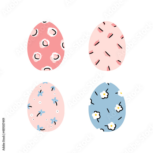 Modern set of 4 painted easter eggs with different ornaments. Good for greeting cards, banners, invitations, flyers.