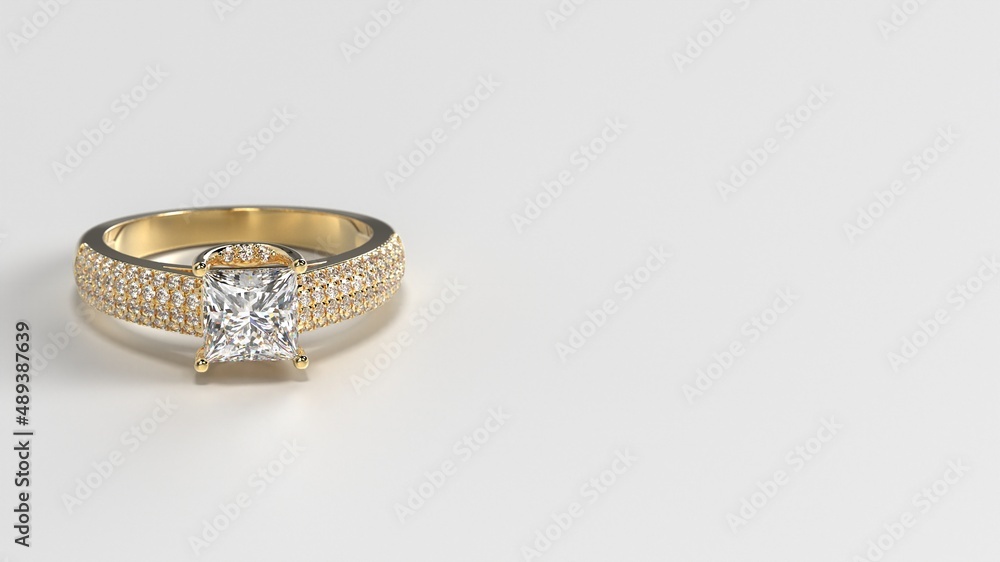 princess yellow gold engagement ring with side three layer stones on shank laying down front princess yellow gold engagement ring with side three layer stones on shank laying down front