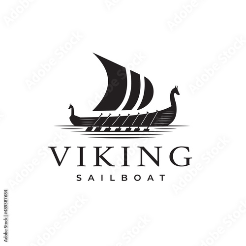 Vintage Viking Ship Silhouette with Logo design vector, sail, symbol template