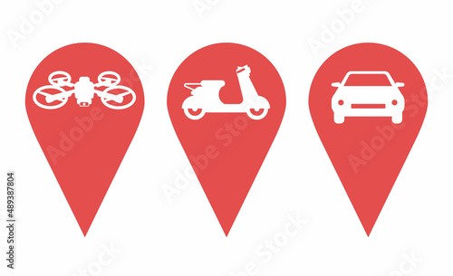 Map pointers icon set. Location pin collection. Map pointer GPS location. Pointer icon pin on the map to show the location. Pins with the image of transport, cargo transportation, travel. Vector