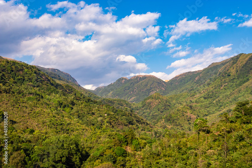 mountain valley covered with green forests and bright blue sky at afternoon from flat angle