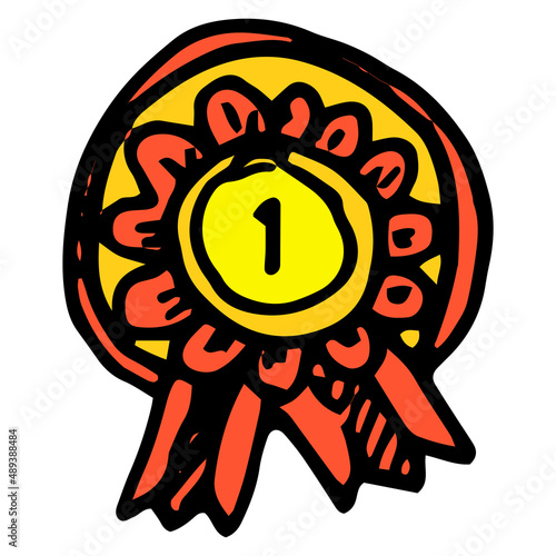 gold medal icon with ribbons. the drawing is round with the number one for the first place in a flat style from the order of round-shaped doodles with two red ribbons at the bottom, located on white