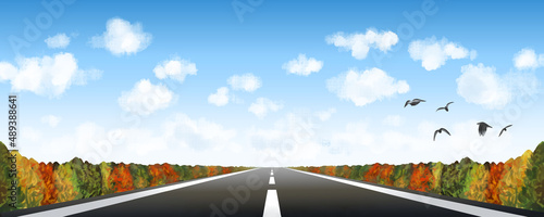 青空と秋の紅葉 直線道路の水平線の風景イラスト 