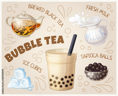 Bubble tea glass and food ingredients cartoon illustration. Vector icon of boba tea drink, tapioca balls, brewed black tea, ice cubes and fresh milk design photo