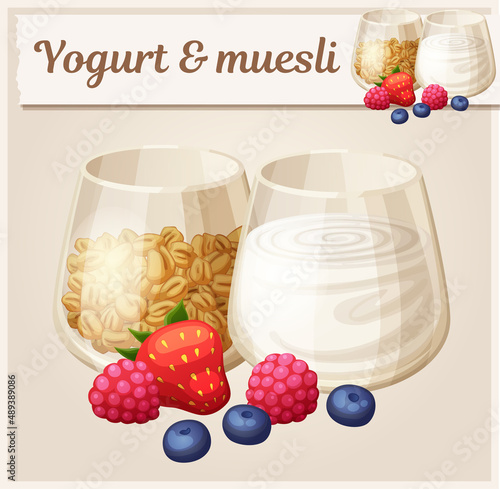 Yogurt and muesli vector icon on beige background. Food cartoon illustration of healthy breakfast ingredients. White cream and roasted oatmeal flakes