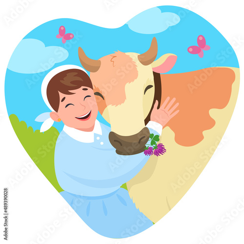Heart shaped cartoon vector illustration of a milkmaid hugging a cow