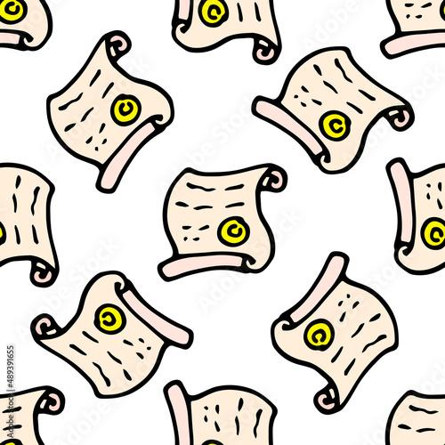 the pattern from the winner's certificate. seamless pattern of a paper scroll icon with a gold seal, drawn in a doodle style with a black outline light brown often on white for the winner's design tem