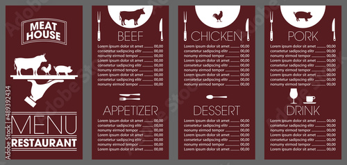 Flyer en 4 parties pour un menu de restaurant spécialisé dans la viande de qualité, bœuf, poulet et cochon.