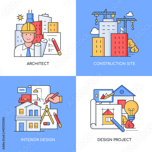 Building and construction - set of line design style colorful illustrations