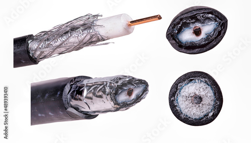 Torn coaxial cable. A cable for transmitting a television signal.